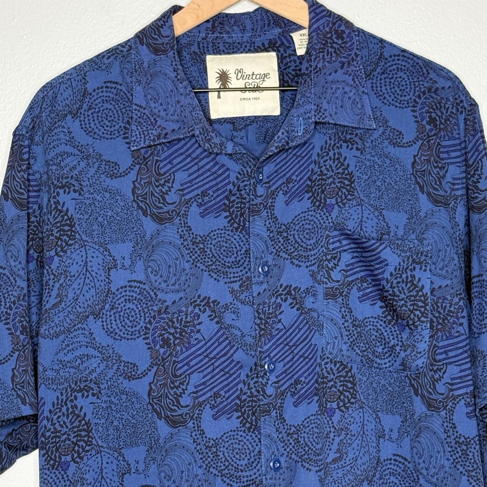 Vintage Silk Mens Button Up Camp Shirt XXL Blue Floral‎ Paisley Print Soft Event